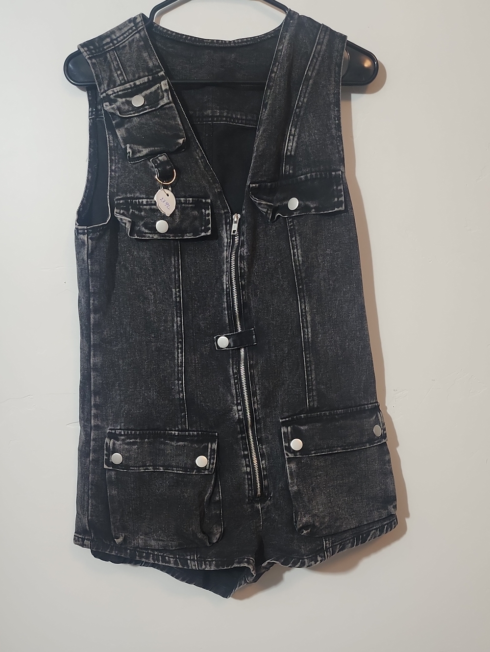 Washed Black Denim Utility Romper with Front Zip - Picture 1 of 2